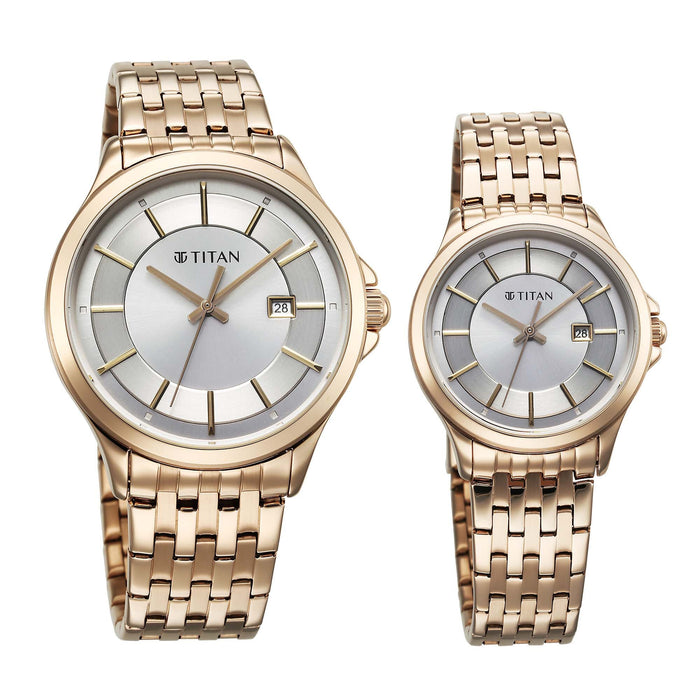 Titan Bandhan Quartz Analog with Date Silver Dial Pink Stainless Steel Strap Watch For Couple 9401194211WM01