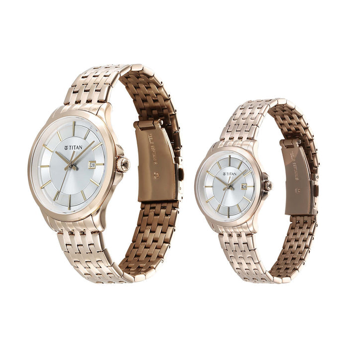 Titan Bandhan Quartz Analog with Date Silver Dial Pink Stainless Steel Strap Watch For Couple 9401194211WM01