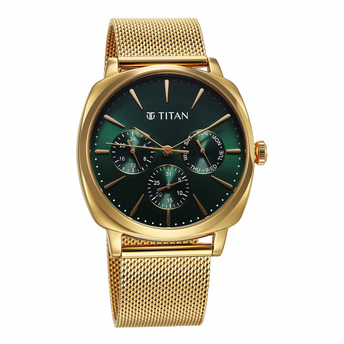 Titan Classique Suave Quartz Green Dial Golden Stainless Steel Mesh Strap Watch for Men 90189YM01