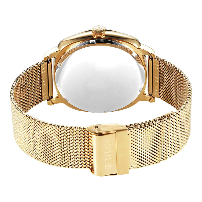Titan Classique Suave Quartz Green Dial Golden Stainless Steel Mesh Strap Watch for Men 90189YM01