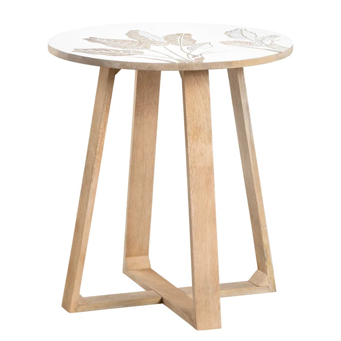 Tropicana Accent Table - Mango Wood & White Paint Finish - Hand Etched Tropical Foliage - 4 Legs - Round Top - Coastal Compass Home Decor