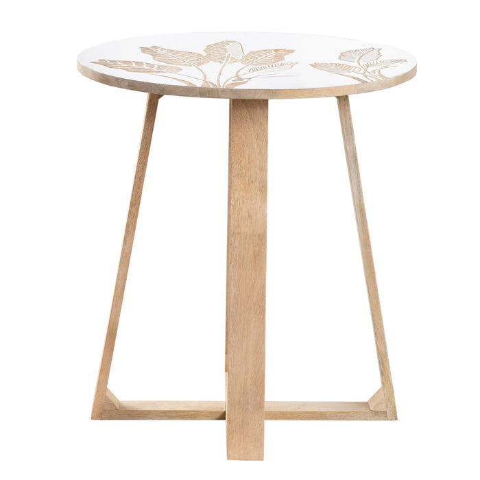 Tropicana Accent Table - Mango Wood & White Paint Finish - Hand Etched Tropical Foliage - 4 Legs - Round Top - Coastal Compass Home Decor