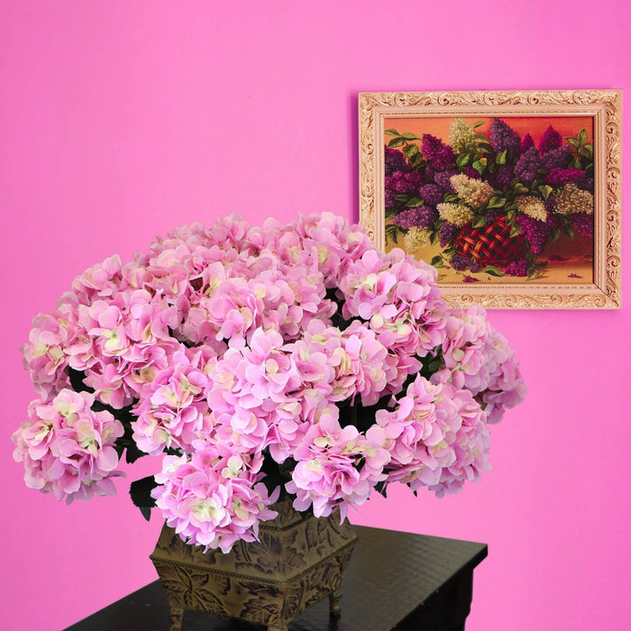 UV Pink Hydrangea Bush with 7 Silk Flowers & Foliage