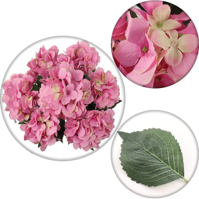 UV Pink Hydrangea Bush with 7 Silk Flowers & Foliage