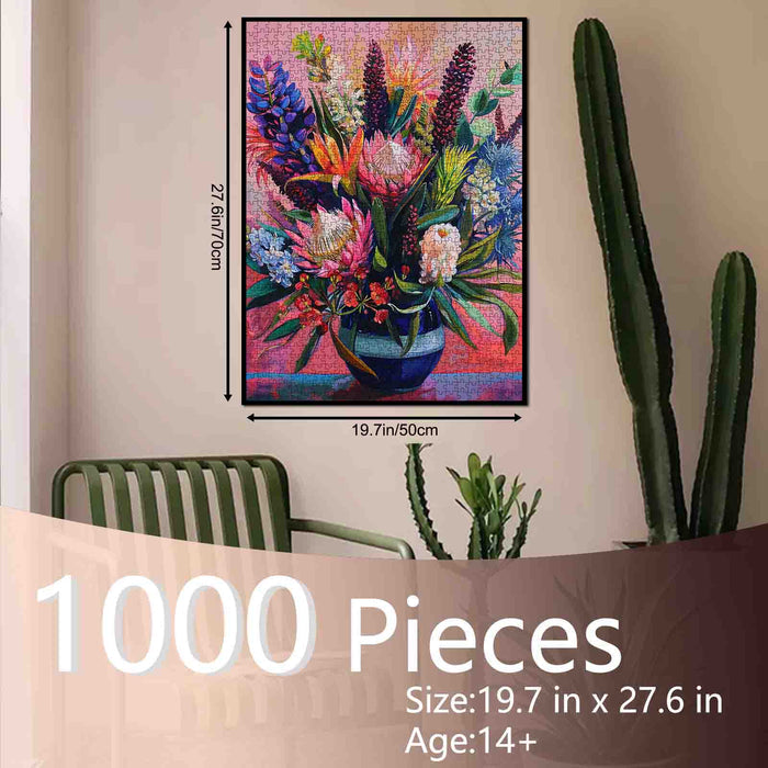 Vibrant Bloom Arrangement in Blue Vase Jigsaw Puzzle