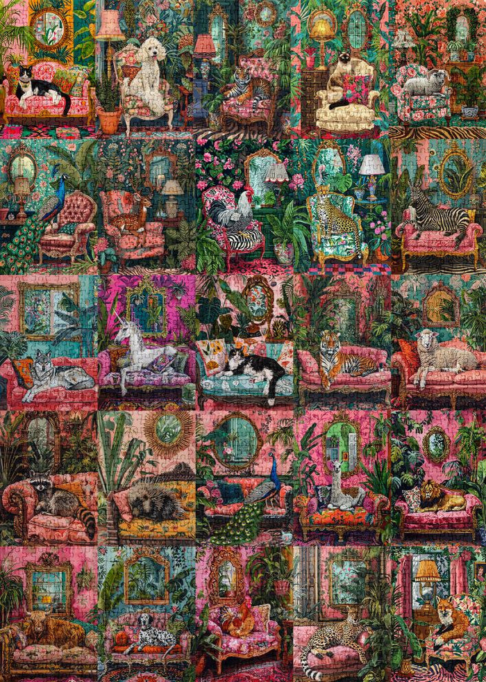 Whimsical Animals Relaxing in Lush Vintage Rooms Jigsaw Puzzle
