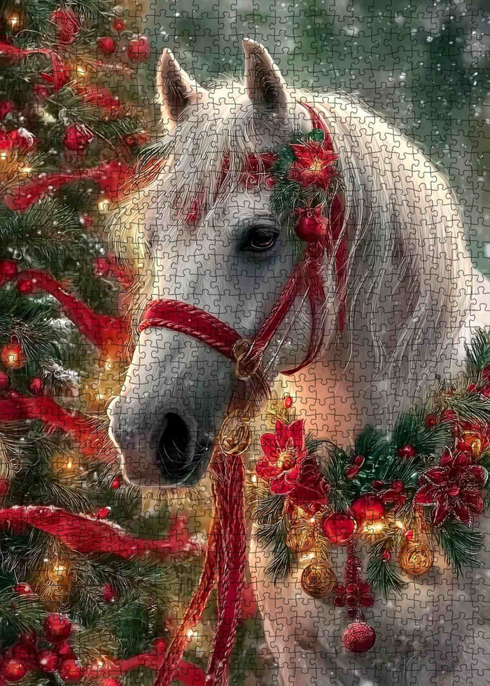White Horse Christmas Garland Jigsaw Puzzle