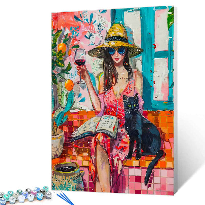 Woman with Hat Wine and Black Cat Paint by Numbers - Tucocoo