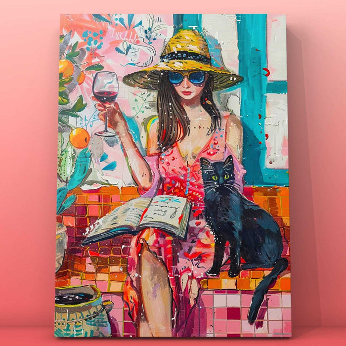 Woman with Hat Wine and Black Cat Paint by Numbers - Tucocoo