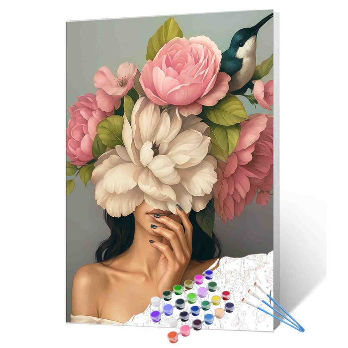 Woman with Peonies and Bird Paint by Numbers