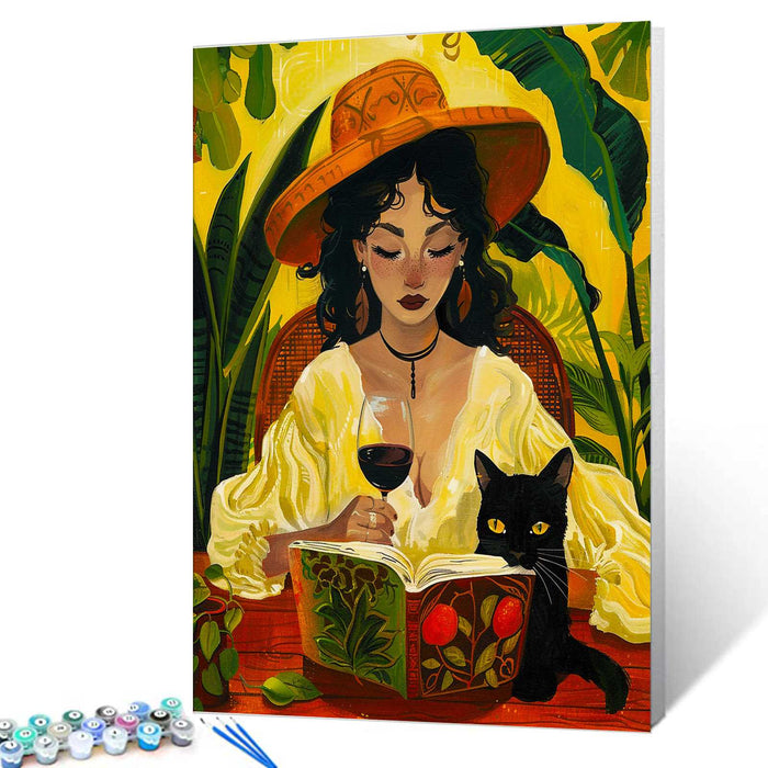 Woman with Wine and Black Cat Paint by Numbers - Tucocoo