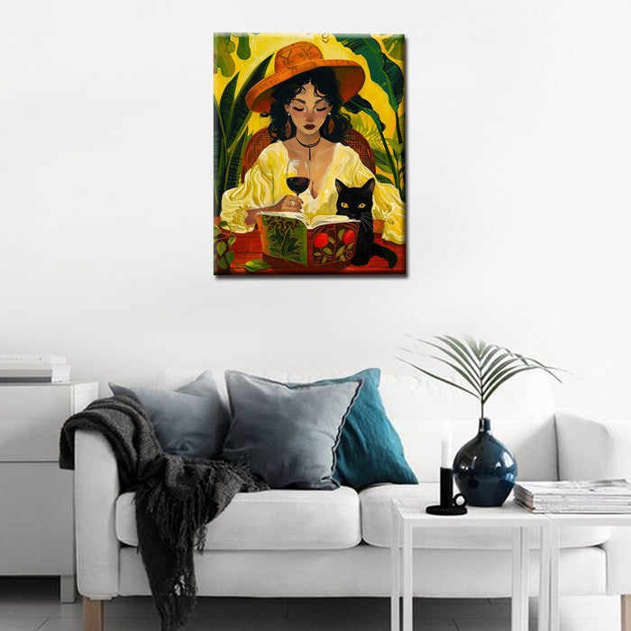 Woman with Wine and Black Cat Paint by Numbers - Tucocoo