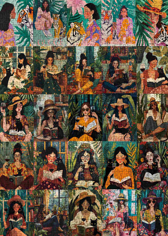 Women Reading with Cats in Lush Garden Scenes Jigsaw Puzzle