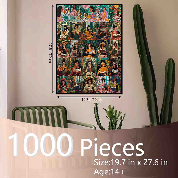 Women Reading with Cats in Lush Garden Scenes Jigsaw Puzzle