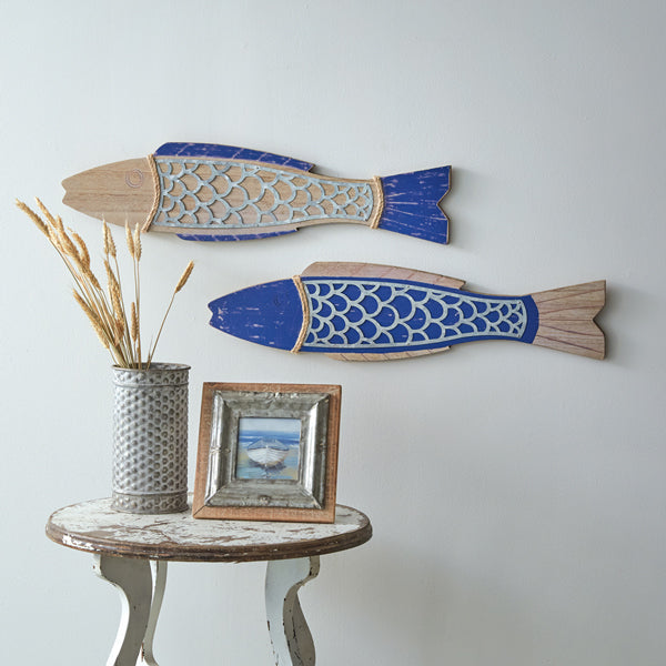 Wooden Fish Wall Hanging Set - Set of 2 Fish - Coastal Compass Home Decor